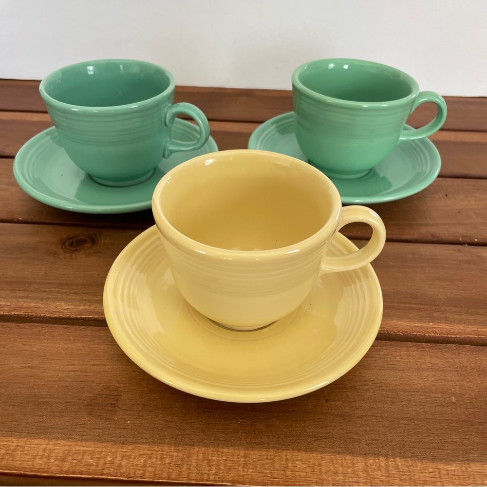 Fiestaware 2 Turquoise And 1 Sunflower Flat Cup And Saucer Sets Homer Laughlin